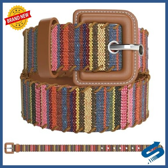 Adjustable Vegan Leather & Woven Fabric Belt for Women - 7 Hole Design main image 5